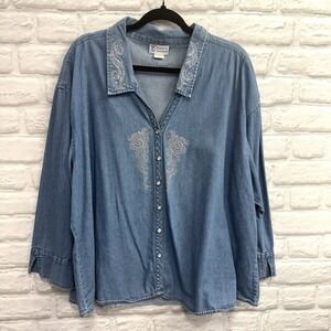Vtg Isaac's Designs Womans 3X Denim Rhinestone embellished Shirt Western Fashion